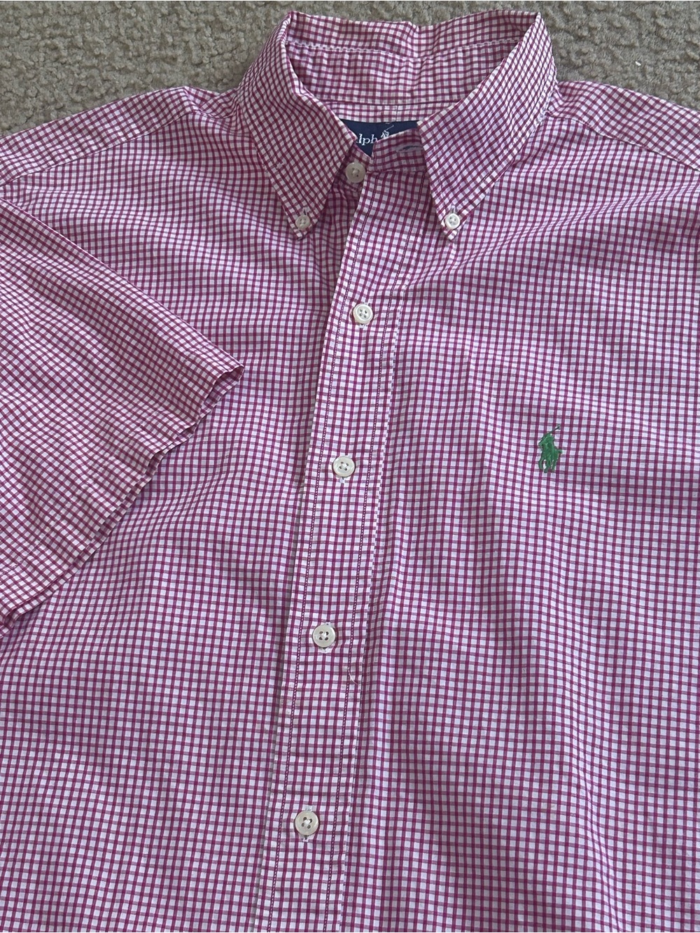 Ralph Lauren Vintage Mens Shirt Large Red Mini Check Fit Preppy Green Pony